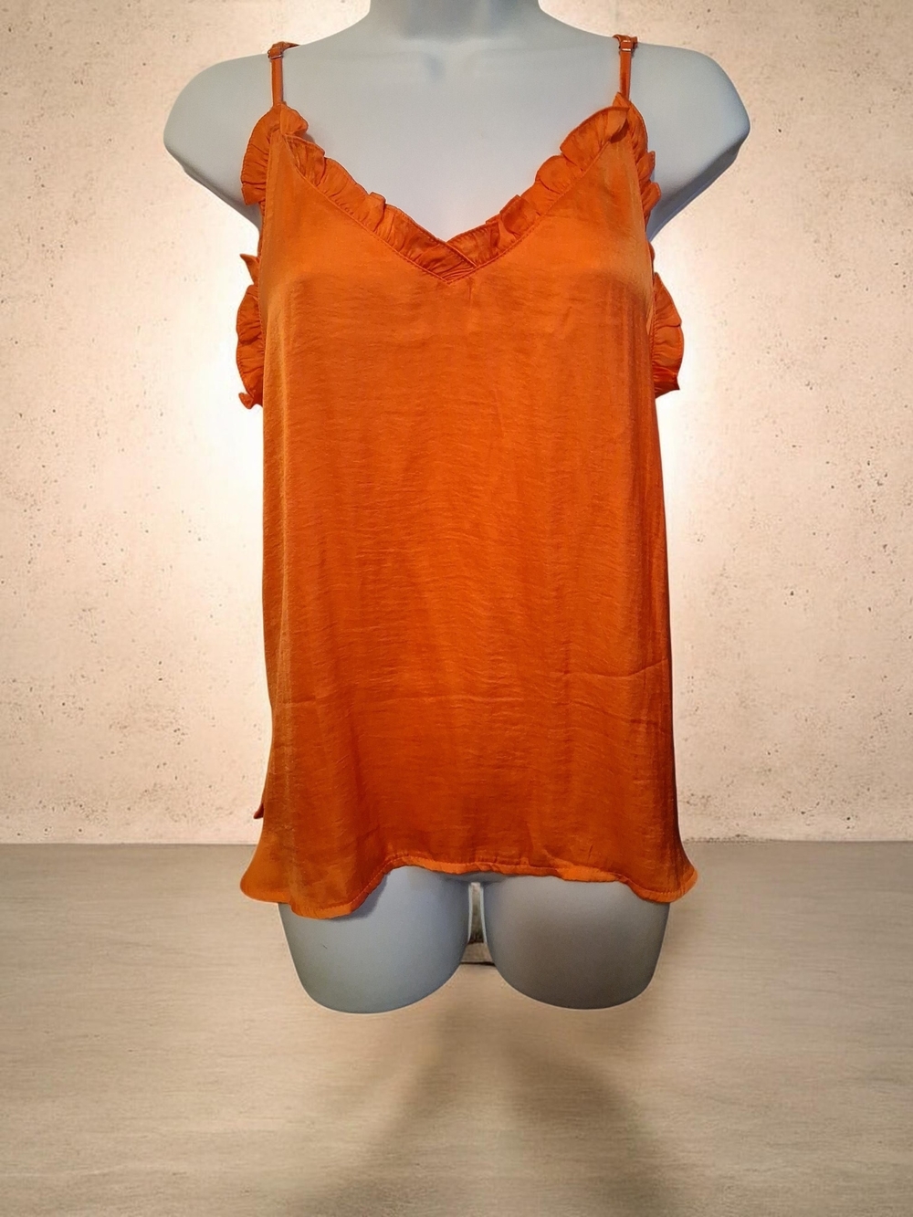 Ruffled V-Neck Spaghetti Strap Cami Tank - Orange